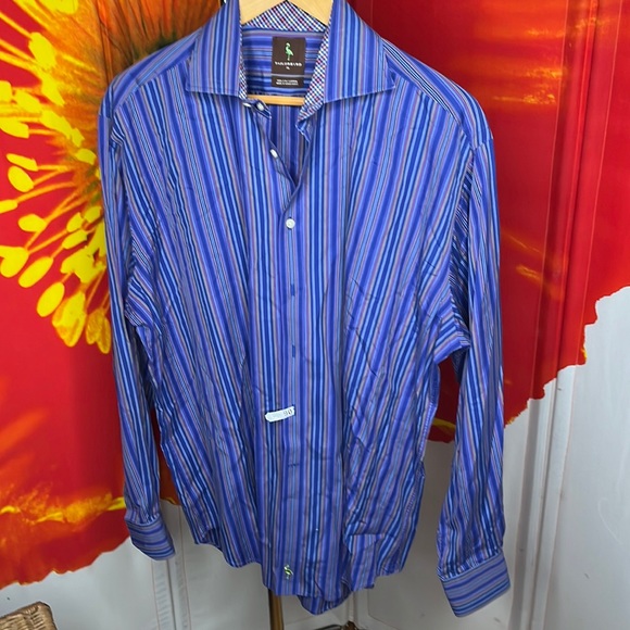 Tailorbyrd striped blue with multicolored rainbow stripe embroidered detail - Picture 1 of 6